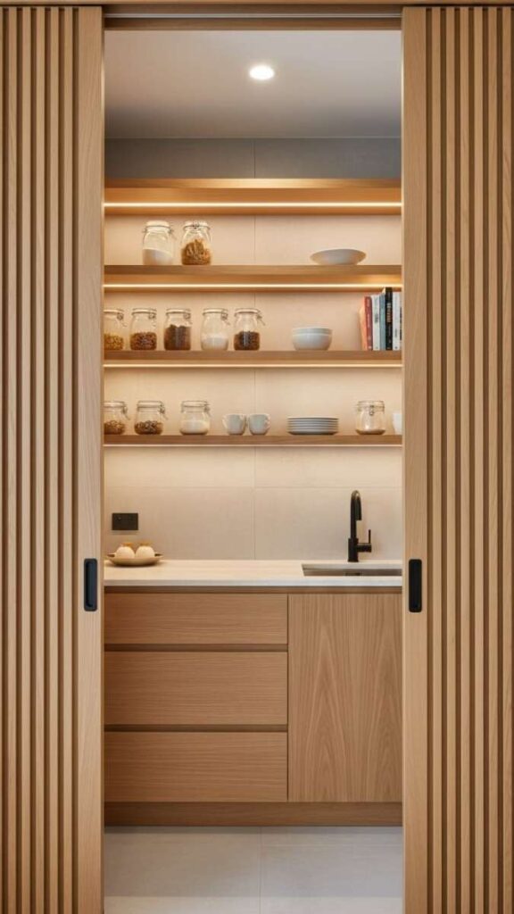 Japandi Kitchen With Folding or Sliding Pantry Doors for Visual Continuity