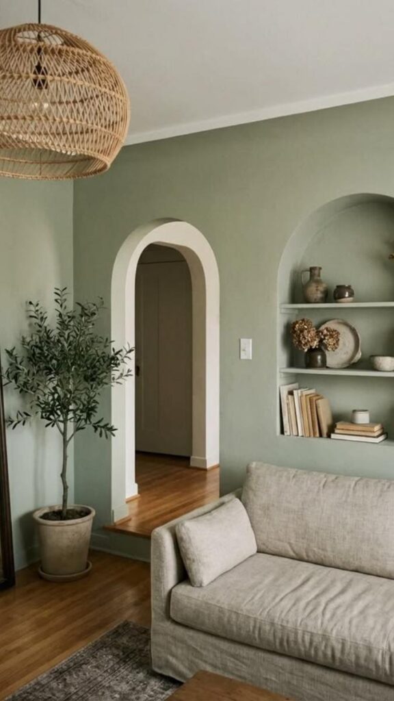 Pale Eucalyptus Green With Limewashed White Walls