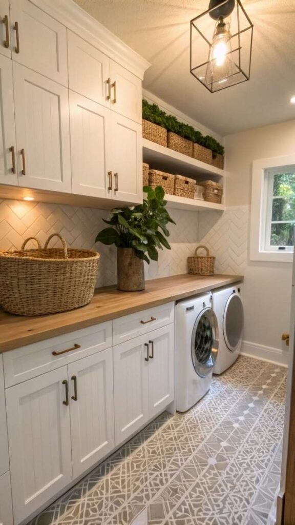 Peel and Stick Wall Decor Ideas That Actually Look Good 5 Peel and Stick Herringbone Pattern in a Laundry Room