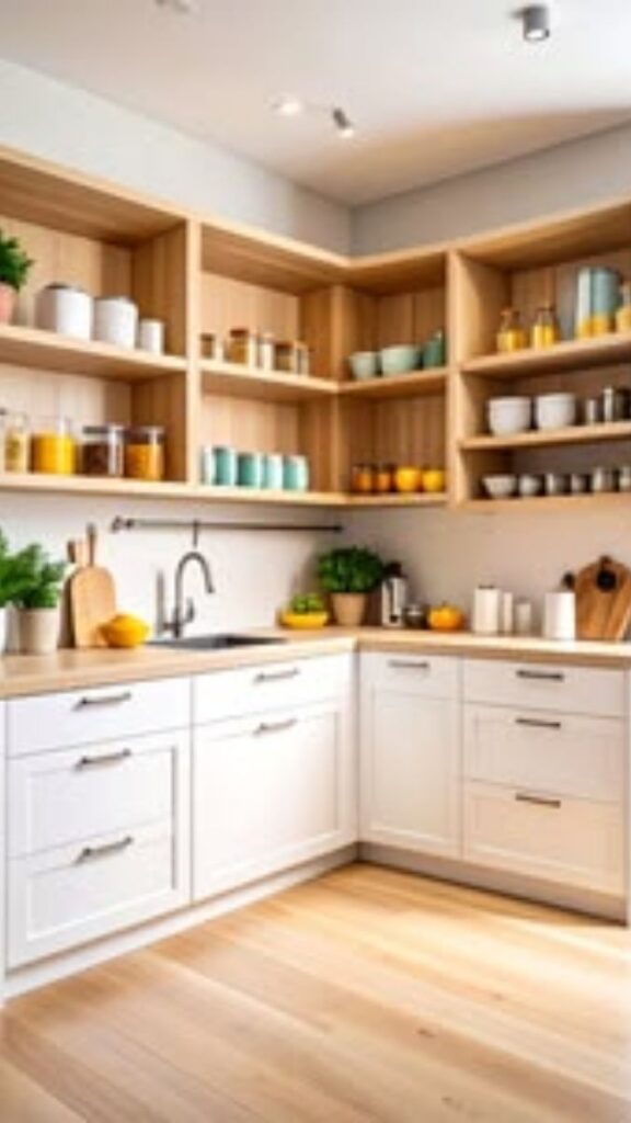 Replace Upper Cabinets with Open Shelving on One Wall