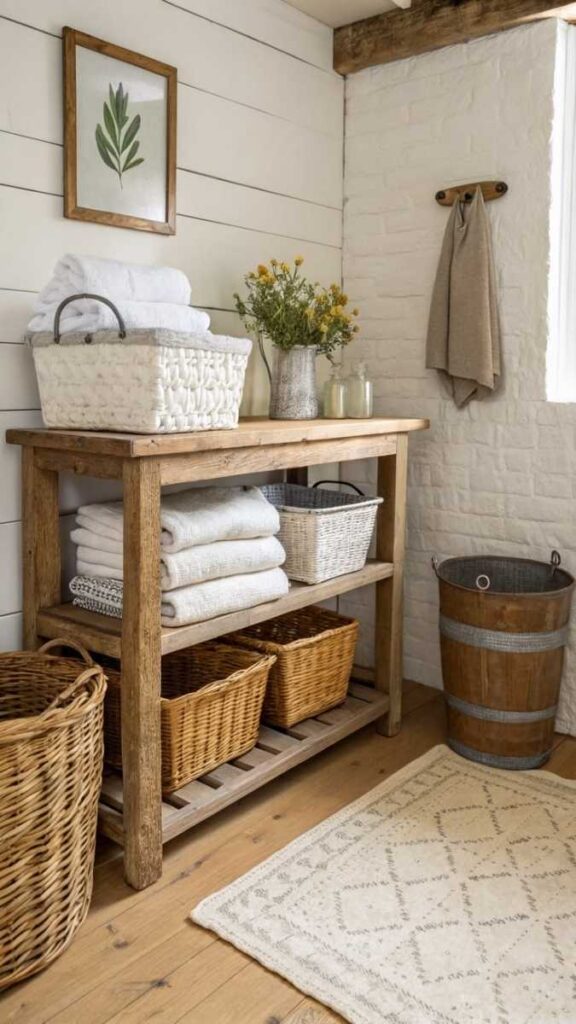 25+ Bathroom Decor Ideas That Actually Make Small Spaces 11 Rolled Towels in a Deep Basket Instead of a Traditional Rack