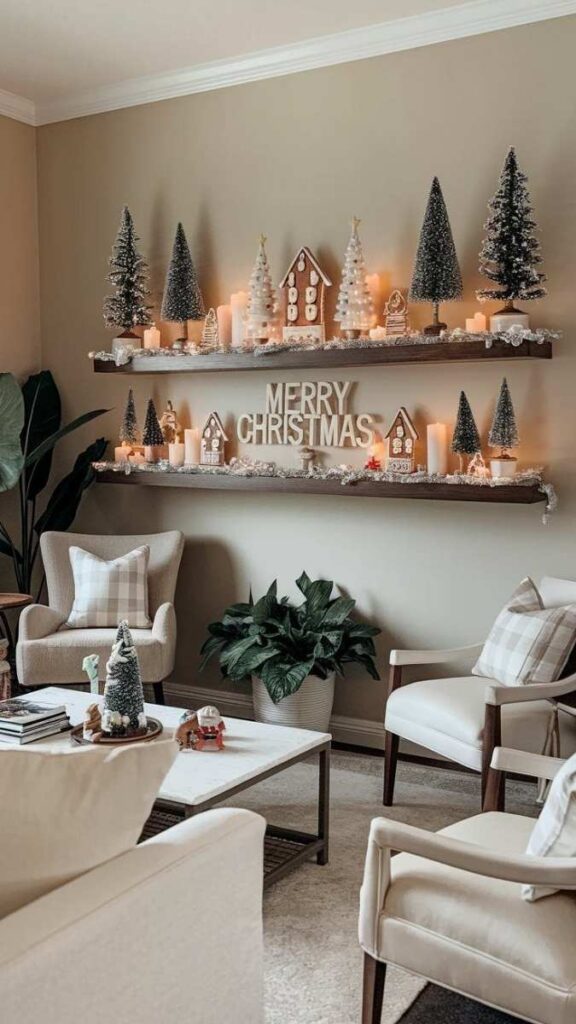 49+ Christmas Bedroom Decor Ideas That Make Your Room Feel Like a Winter Fairytale 10 Small Wooden Reindeer Figurines on a Floating Shelf