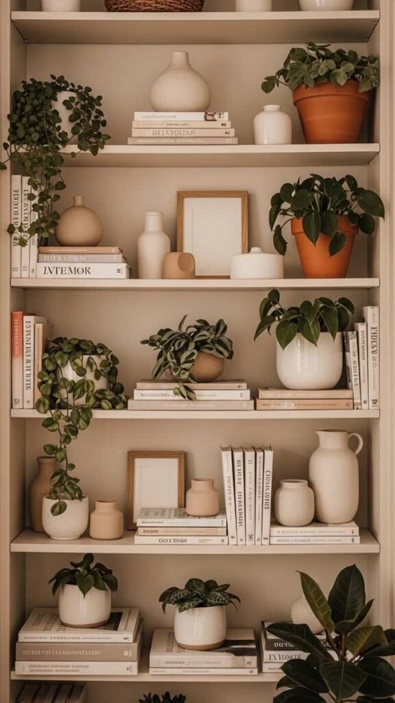 Spray Painted Terra Cotta Pots as a Shelf Display
