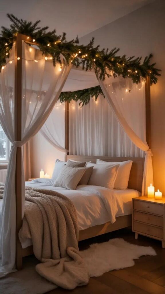 49+ Christmas Bedroom Decor Ideas That Make Your Room Feel Like a Winter Fairytale 9 Twinkling Lights Wound Around a Bed Post or Canopy Frame