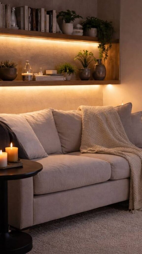 Use Warm Fairy Lights for Low Ambient Light on a Shelf