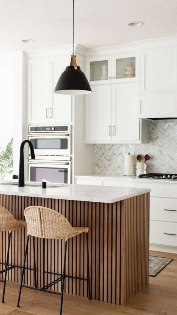 Vertical Wood Slat Kitchen Island Facing