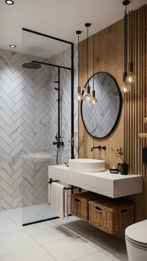 Vertical Wood Slat Wall Panel Behind the Toilet or Tub