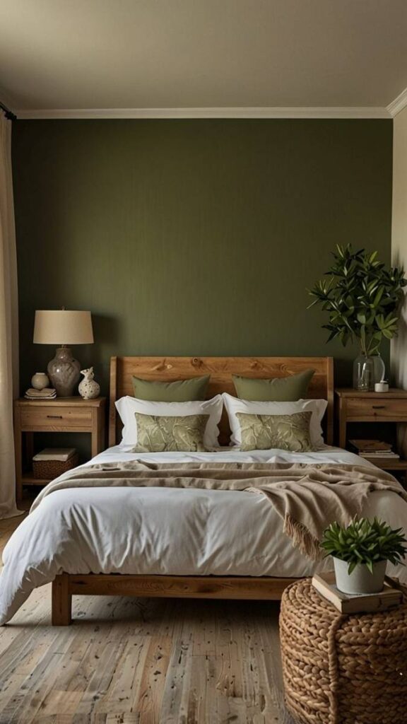 Warm Taupe Walls With Olive Green Textiles and Oak Wood