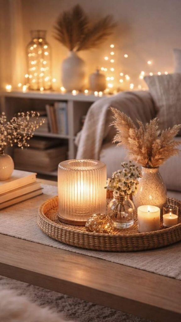 49+ Christmas Bedroom Decor Ideas That Make Your Room Feel Like a Winter Fairytale 7 Warm Toned LED Candles Grouped on a Mirrored Tray