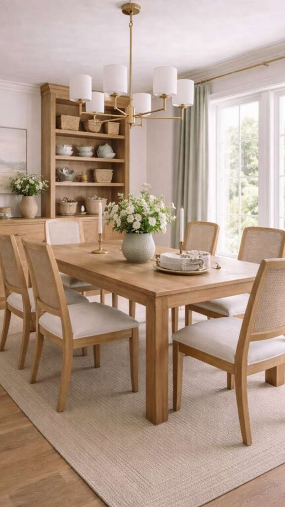 Weathered Oak Dining Table With Linen Dining Chairs