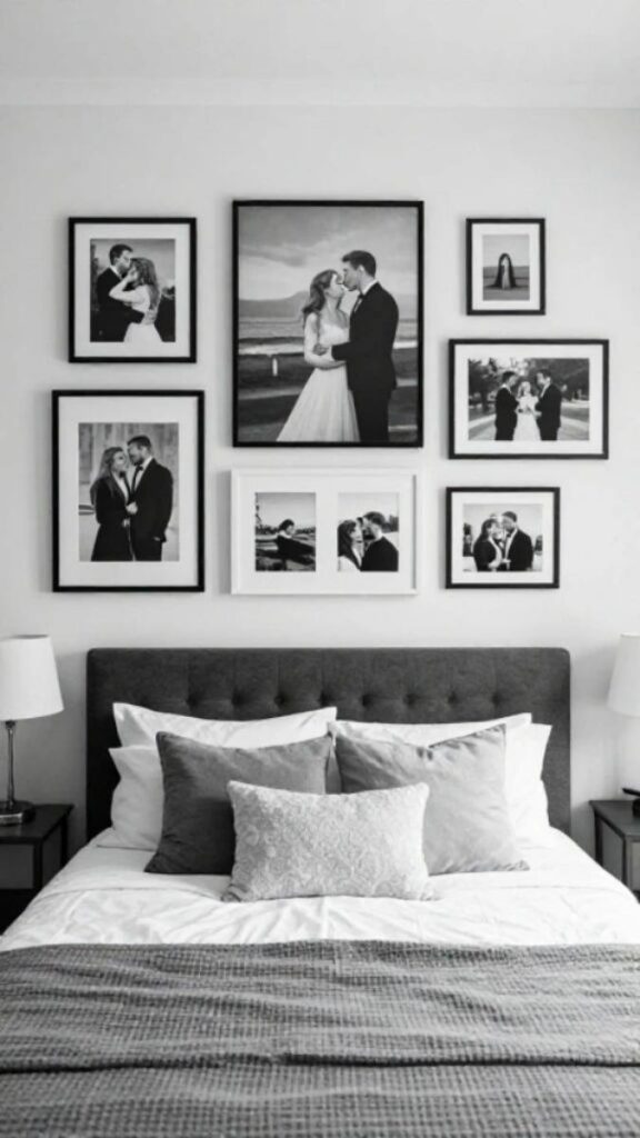 A Black and White Gallery Wall Above the Bed
