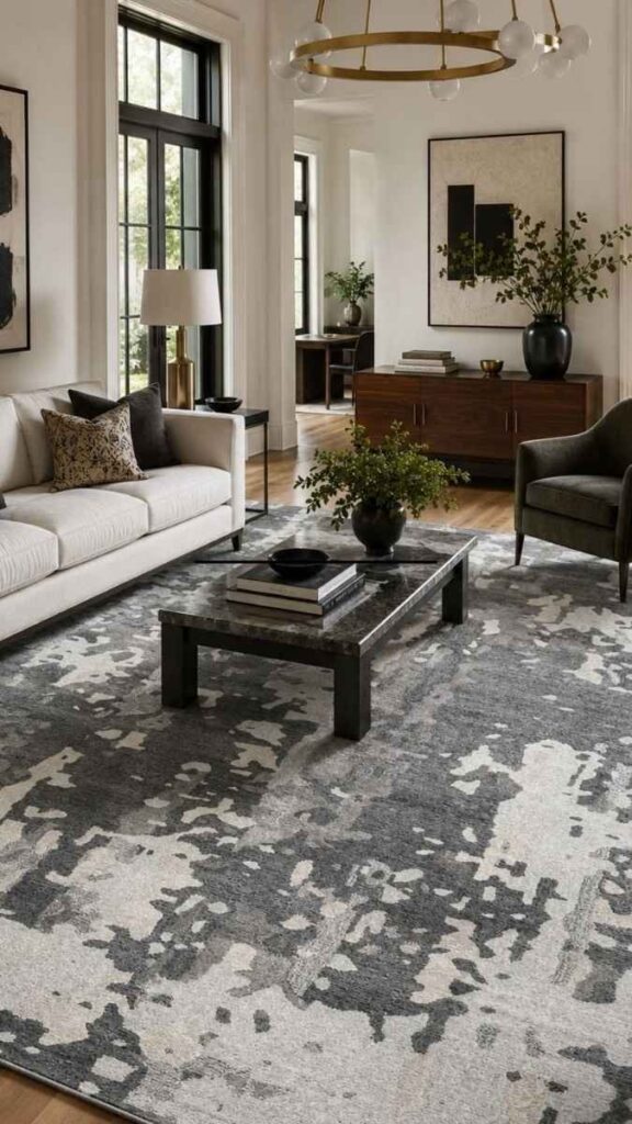 A Dark, Patterned Area Rug That Grounds the Seating Zone