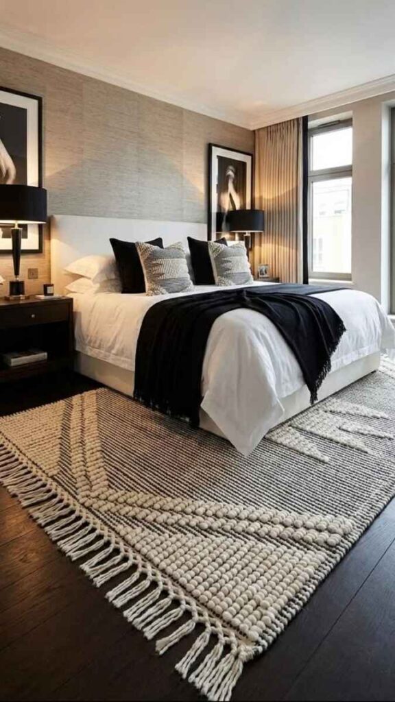 A Dark Rug Anchoring a White Bedroom