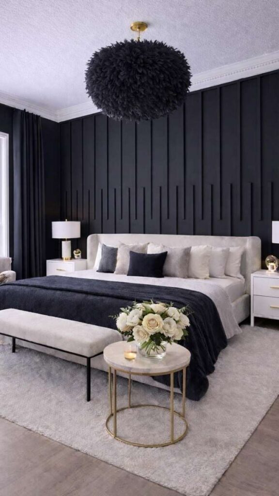 A White Linen Bed Against a Black Accent Wall