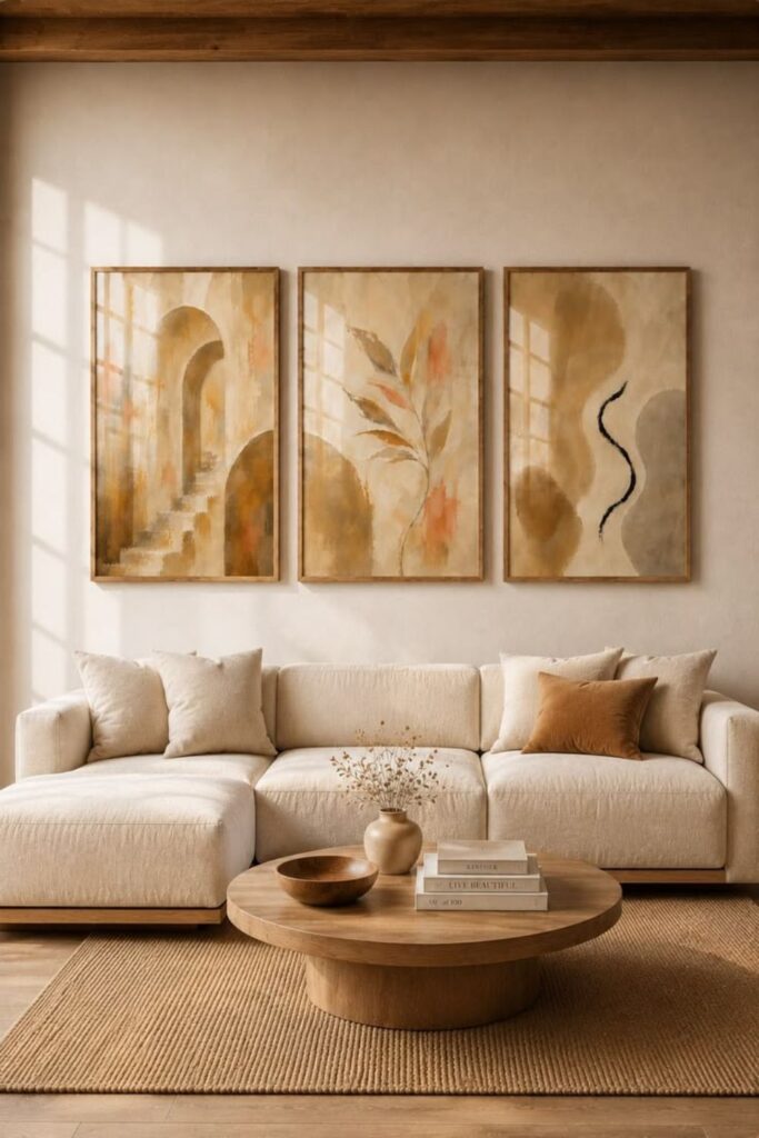 Abstract Canvas Triptych in a Dining or Living Room