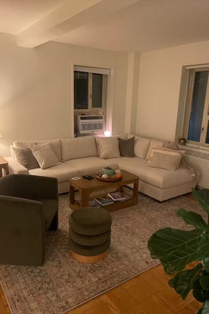 23+ Living Room Ideas That Actually Make Small Spaces Feel Bigger 15 Add a Rug Layering Trick for Visual Warmth in Small Rooms