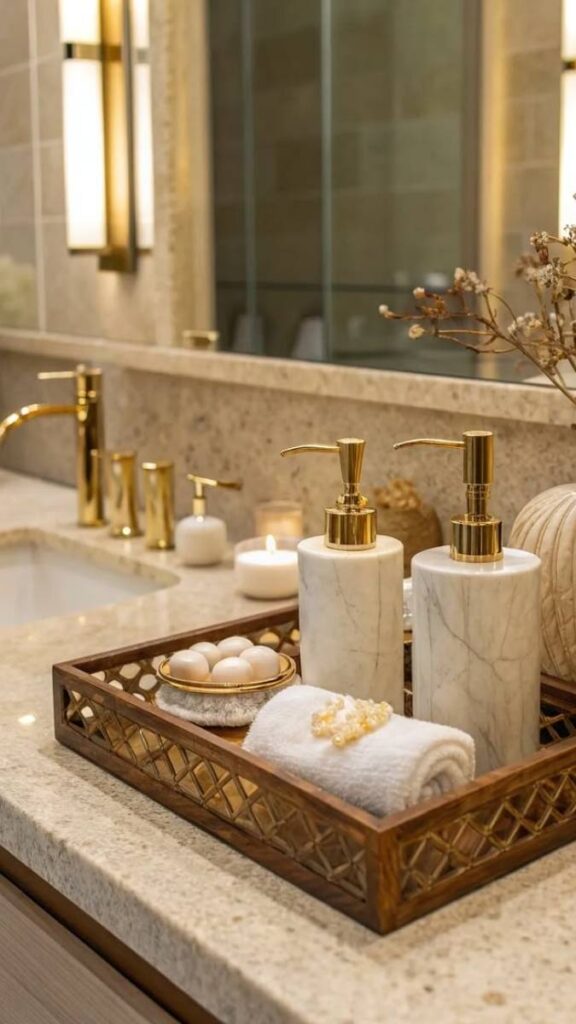 Bathroom Counter Reset With Decanted Products and One Tray