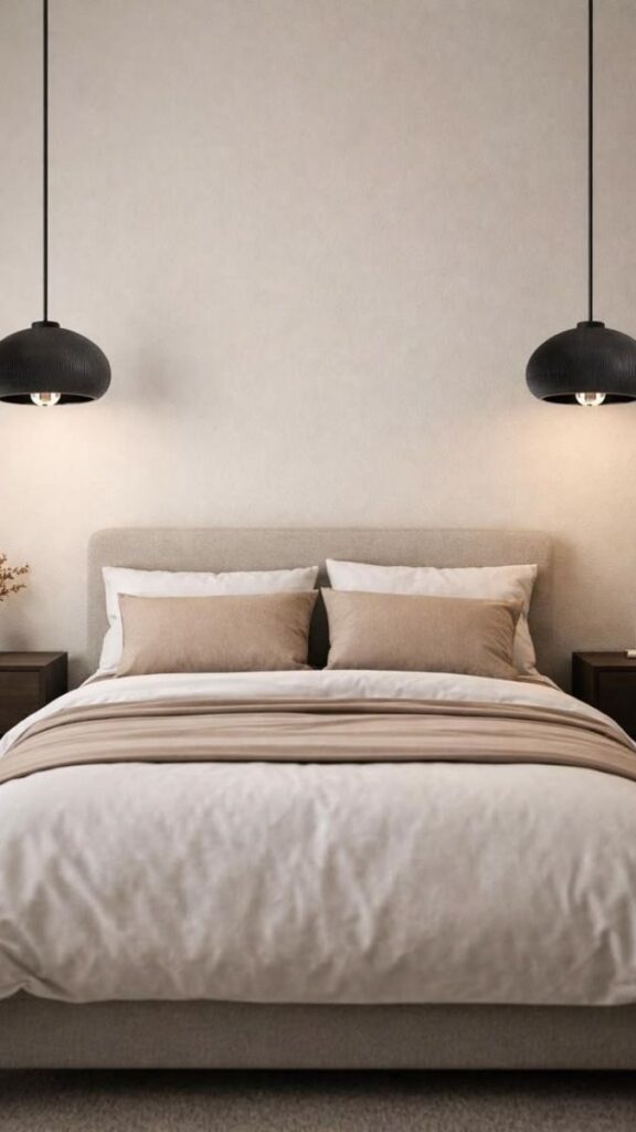 Black Pendant Lights Over Matching Nightstands