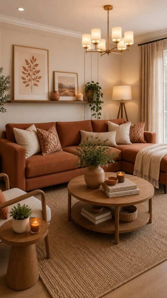 Burnt Orange Feature Wall Behind a Neutral Sofa Arrangement