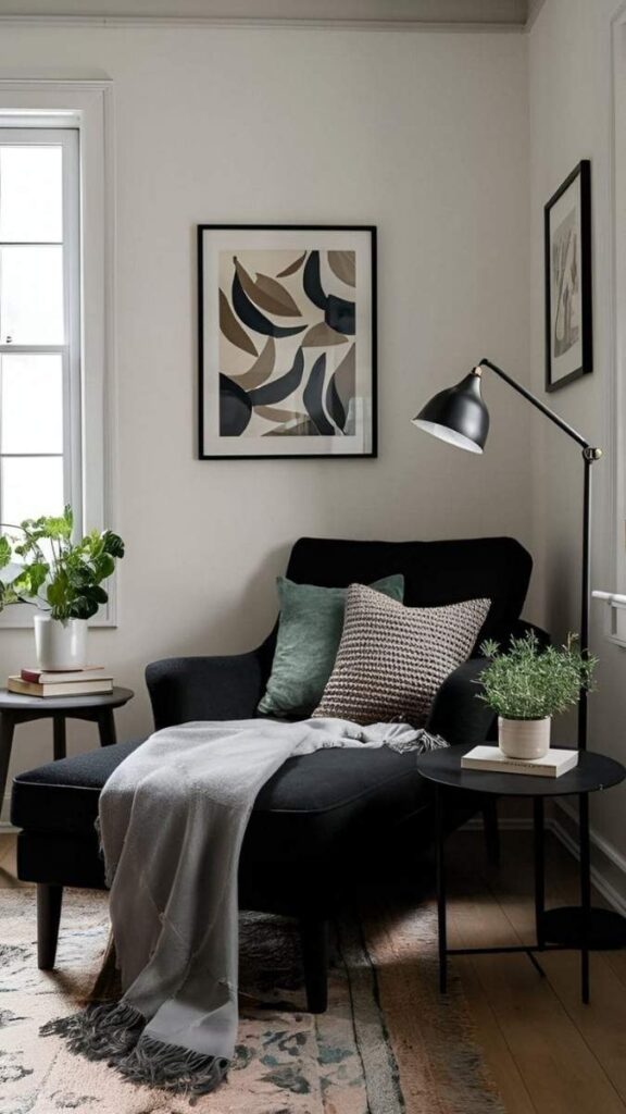 Cozy Black Reading Nook in a Corner