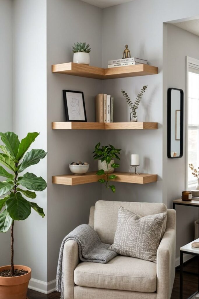 Floating Corner Shelf Display as Wall Decor in a Small Room
