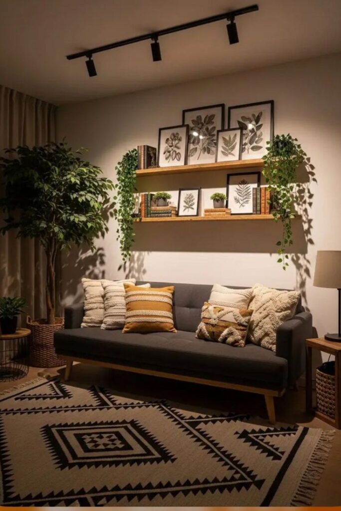 Floating Ledge Shelves with Rotating Art in a Living Room