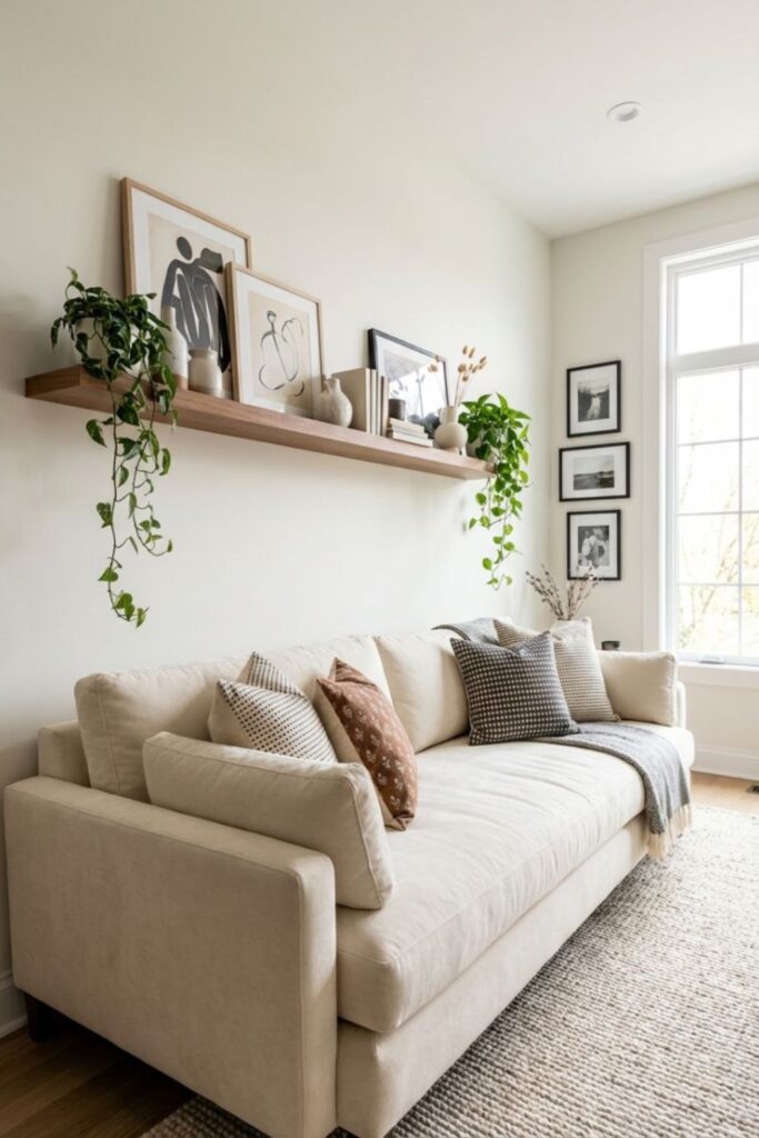 49+ Boho Minimalist Wall Decor Ideas That Make Any Room Feel 4 Floating Shelf with a Single Framed Print and One Object