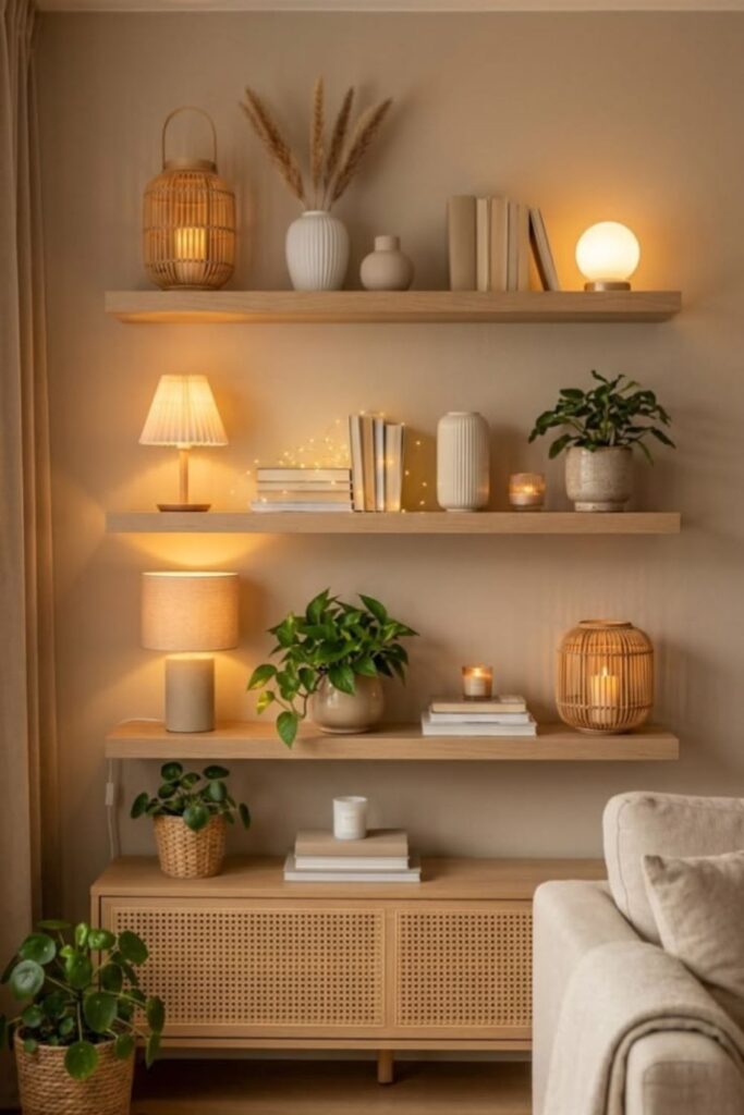 Floating Shelves With Layered Objects in a Narrow Hallway