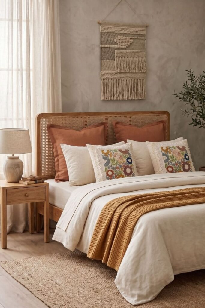 Framed Fabric or Textile Art in a Neutral Bedroom