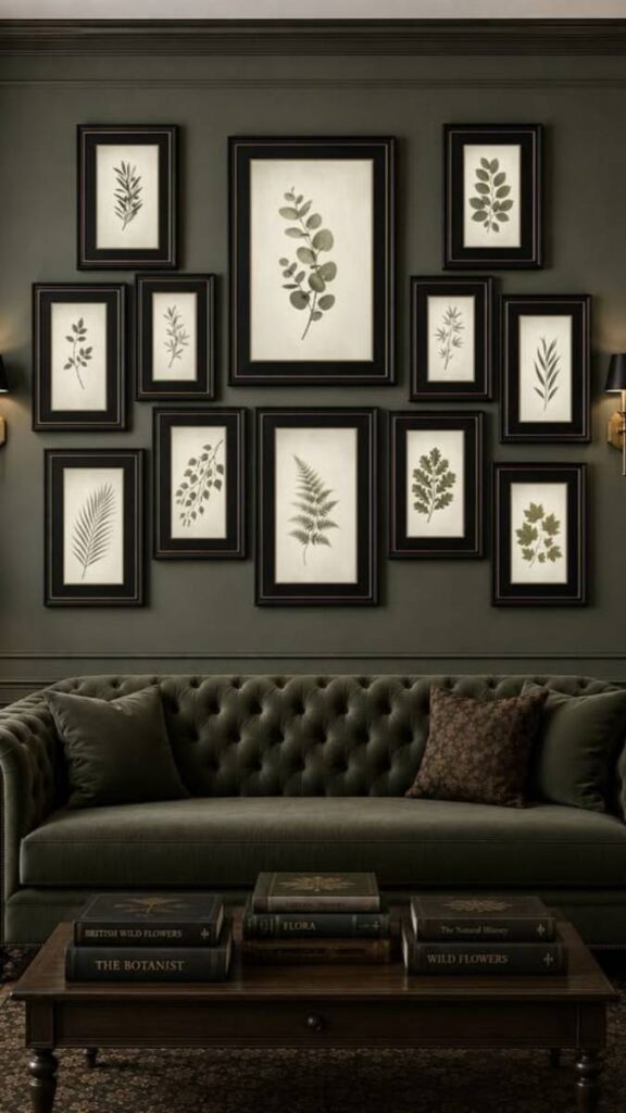 Gallery Wall of Dark Framed Botanical or Antique Prints