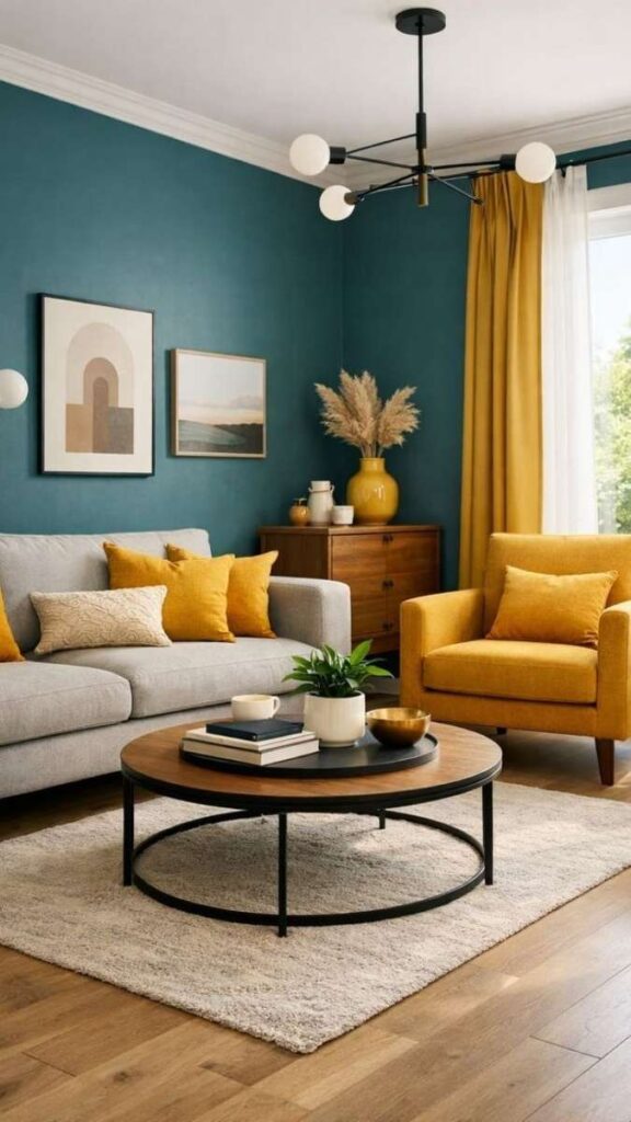 Golden Yellow and Deep Teal as a Warm-Cool Contrast Scheme