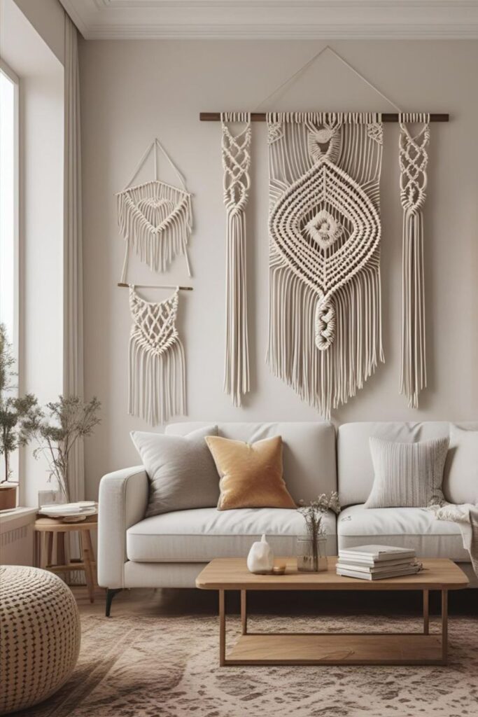 31+ Boho Living Room Ideas to Create a Cozy, Stylish Space 6 Hang Macramé and Textile Art