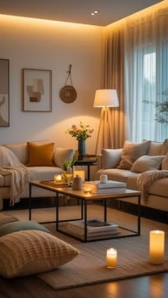 33+ Mood Lighting Aesthetic Ideas That Make Any Room Feel Intentional 11 Layer Multiple Light Sources at Three Different Heights in the Living Room