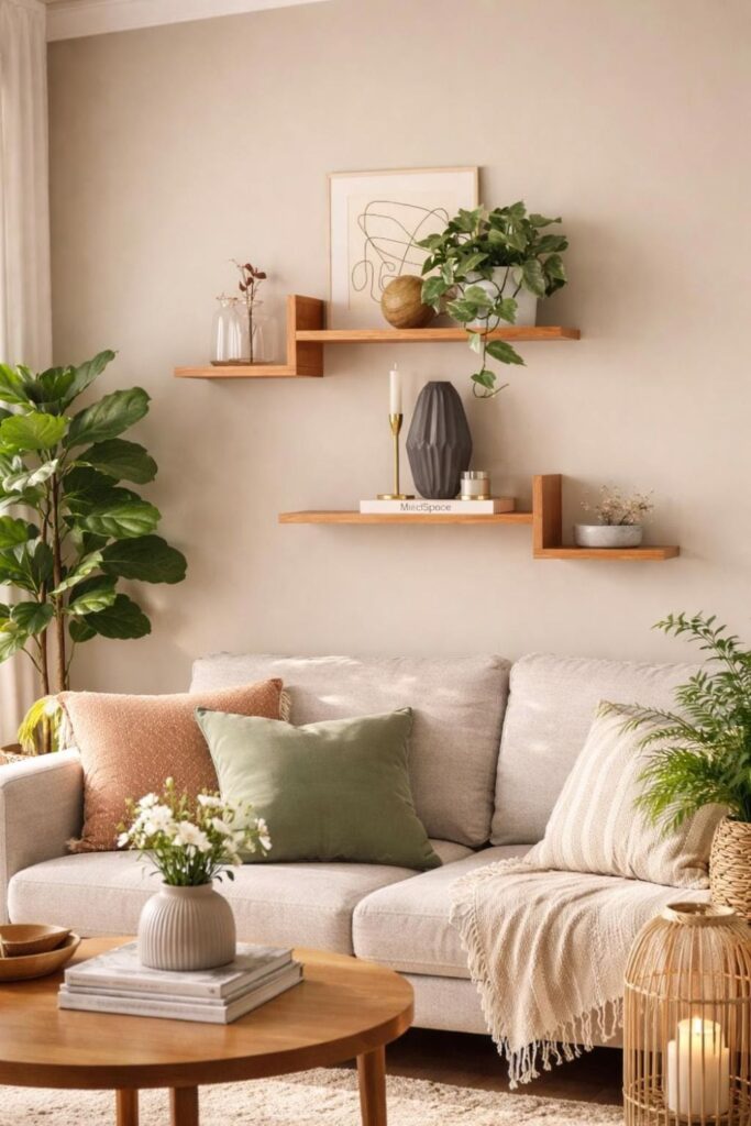 Ledge Shelf With Rotating Art Prints in a Home Office