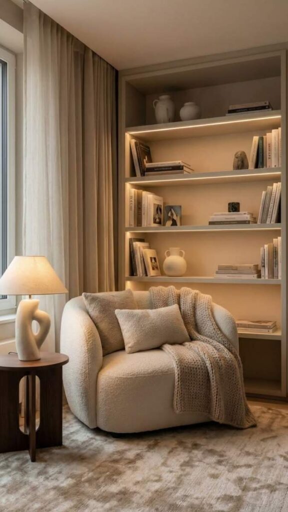 Living Room Reading Corner With Layered Lighting