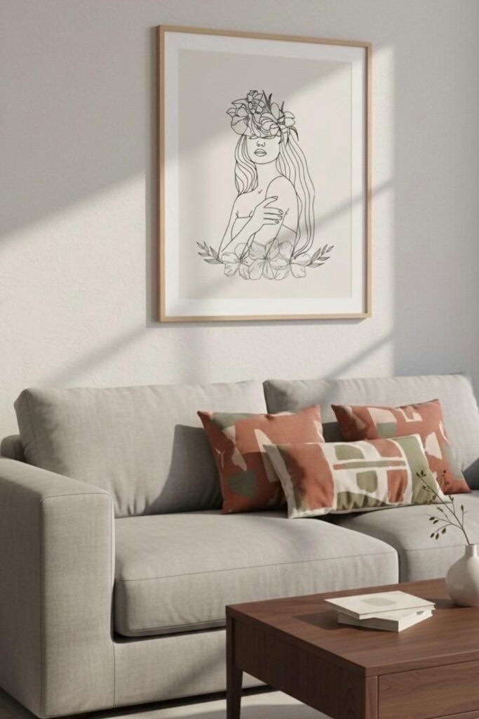 49+ Boho Minimalist Wall Decor Ideas That Make Any Room Feel 3 Minimalist Line Art Print in a Raw Wood Frame