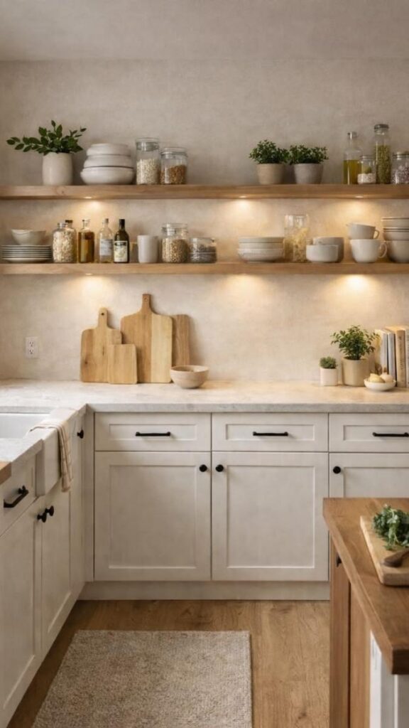 Minimalist Styling on Open Kitchen Shelves