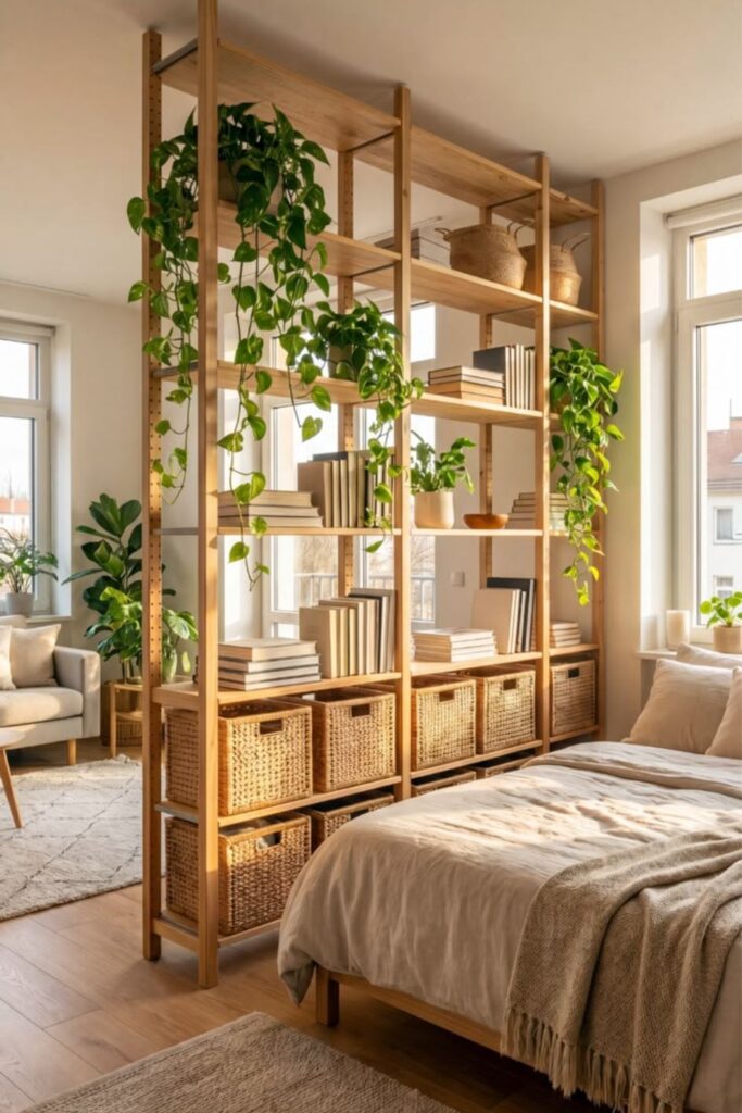 26+Bedroom Furniture Layout Ideas That Actually Make Your Space Work 9 Open Wardrobe or Open Shelving as a Room Divider