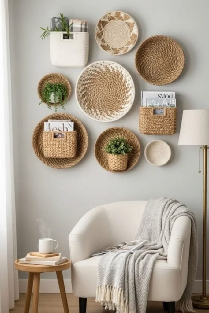 49+ Boho Minimalist Wall Decor Ideas That Make Any Room Feel 10 Pegboard Painted Linen White with Natural Baskets and Hooks