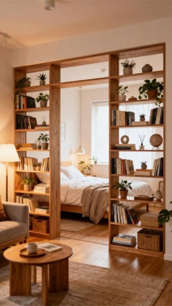 Separate Work and Sleep in Studio Apartments With a Bookshelf Room Divider