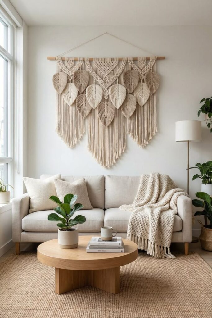 49+ Boho Minimalist Wall Decor Ideas That Make Any Room Feel 2 Single Large Macramé Panel on an Otherwise Bare Wall