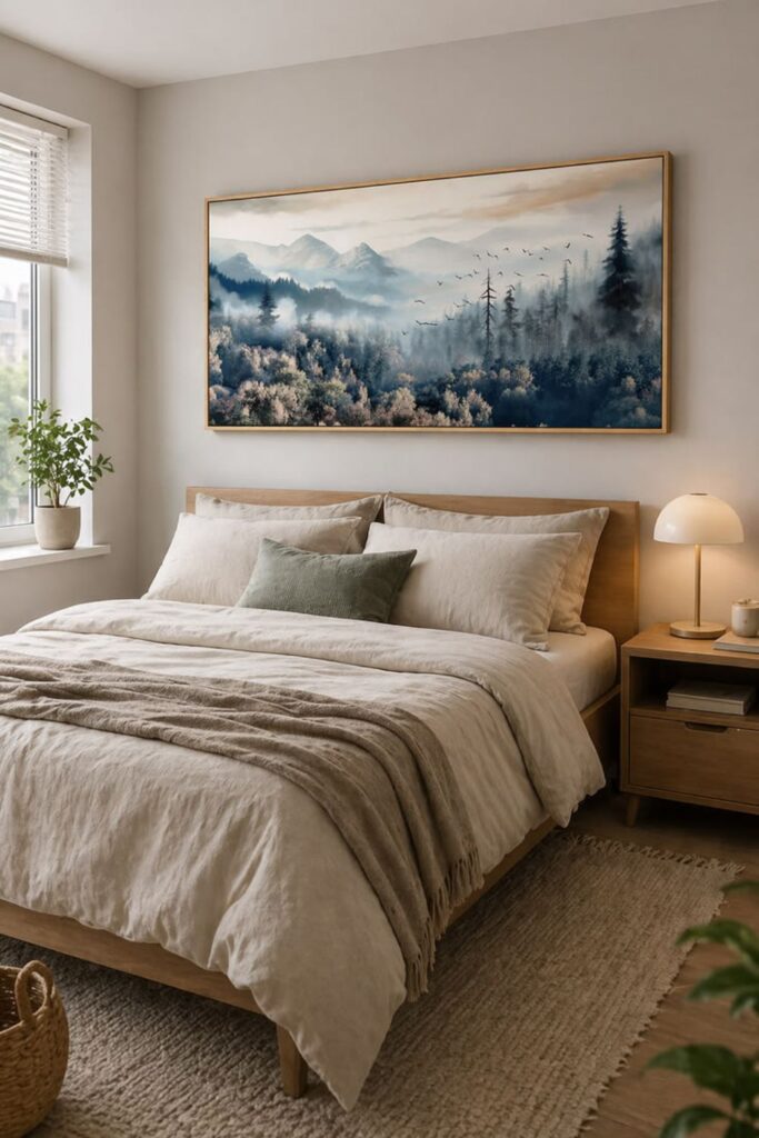 Single Oversized Art Print in a Bedroom Above the Bed
