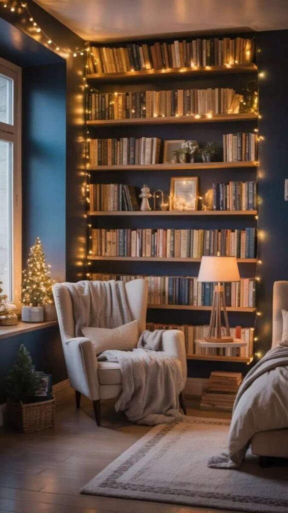 33+ Mood Lighting Aesthetic Ideas That Make Any Room Feel Intentional 3 String Lights Along a Bookshelf or Open Shelving Unit