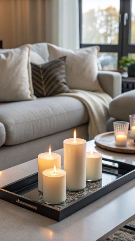 33+ Mood Lighting Aesthetic Ideas That Make Any Room Feel Intentional 5 Use Candles With Varying Heights on a Tray as a Tabletop Focal Point