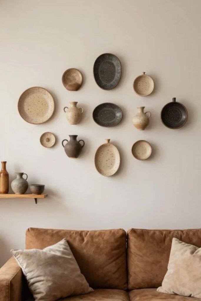 49+ Boho Minimalist Wall Decor Ideas That Make Any Room Feel 6 Wabi Sabi Inspired Ceramic Wall Plates in Odd Grouping