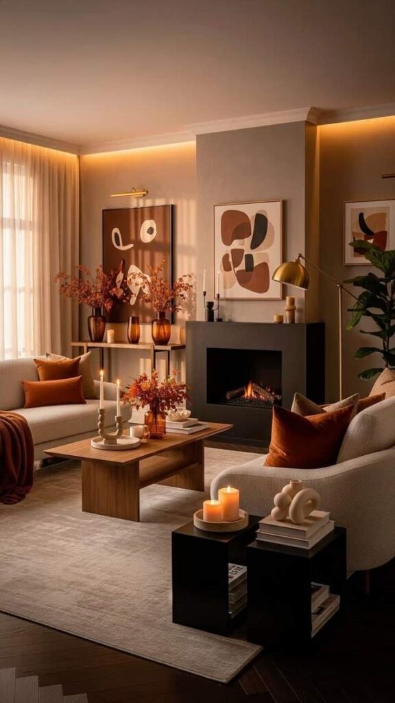 Warm Amber Lighting Paired With Dark Neutrals for Evening Ambiance