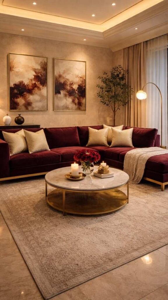 Warm Burgundy Accents in a Neutral Room for a Moodier 