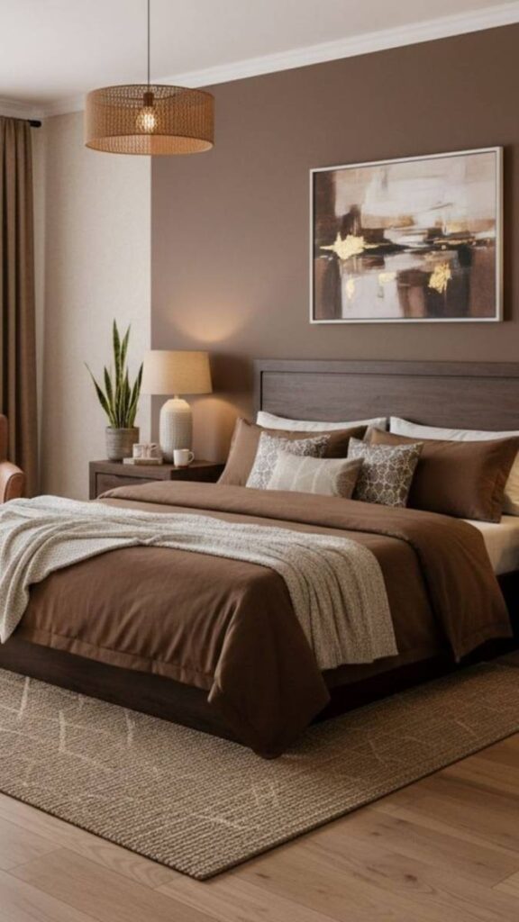 Warm Chocolate Brown Walls With Cream Furniture and Soft Lighting