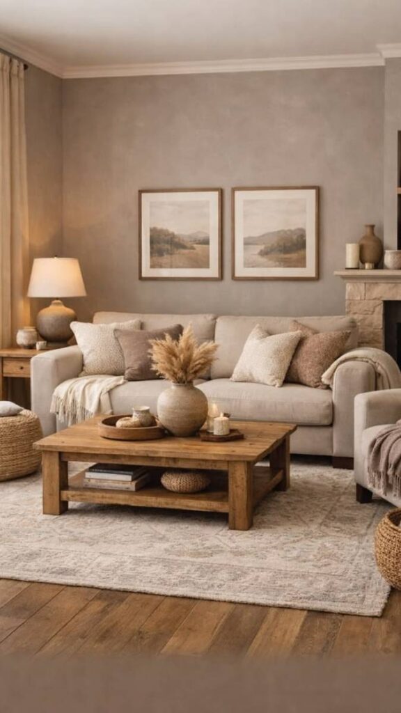 Warm Taupe Walls With Layered Cream and Biscuit Textiles