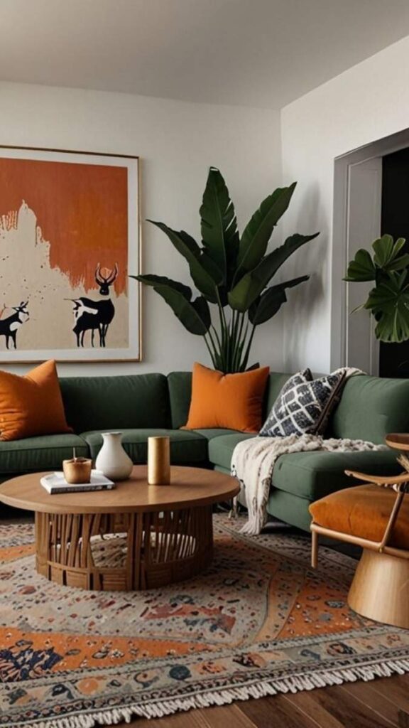 Warm Terracotta and Forest Green in a Maximalist Living Room